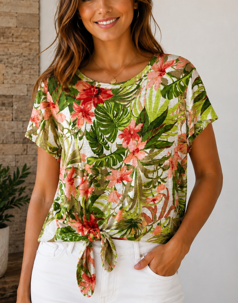 J Jill Love Linen PM Tropical Floral Tie Front Linen Top Shirt Summer Resort Sun